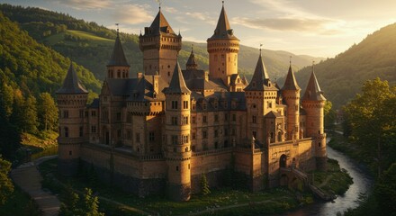 Majestic Medieval Castle on Hilltop Golden Hour Landscape Photography