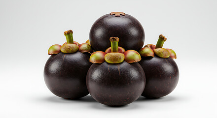 Group of Fresh Mangosteens with Green and Brown Calyxes CloseUp View