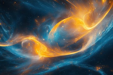 Obraz premium Swirling cosmic clouds of orange and blue shimmer among distant stars. Ideal for illustrating science, spirituality, or abstract concepts.