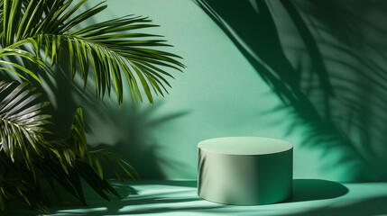 Obraz premium Green palm leaves with shadows and empty product display podium