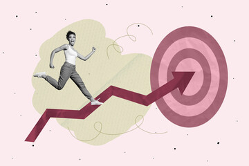 Creative full art zine collage of happy business girl guy run target determination aim achievement...
