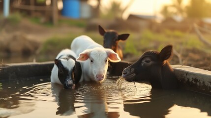 Fototapeta premium Farm animals playing in water sunny day natural setting calves frolicking