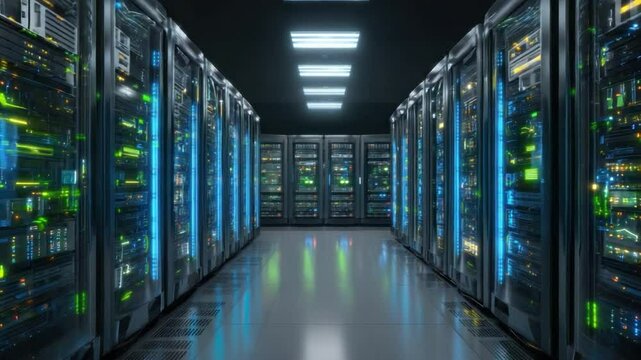 Data Center Server Room: A visually captivating server room, bathed in cool hues and illuminated with strategic lighting, houses an array of high-tech server racks.