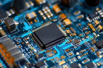 Circuit Board Close-up: Teal Traces and Integrated Chip