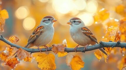 Obraz premium Two sparrows on a branch in autumn