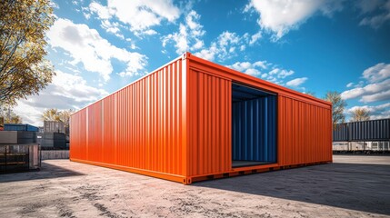Naklejka premium A large orange shipping container with a blue door, standing on a concrete surface with a blue sky and white clouds in the background.