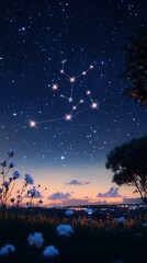 Fototapeta premium A Night Under the Lyra Constellation: Starry Skies Above a Meadow Landscape, City Lights Glow in the Distance, a Dreamy and Celestial Experience.