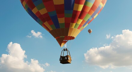Colorful Hot Air Balloon Ascending in a Sunny Sky with Clouds Aerial View