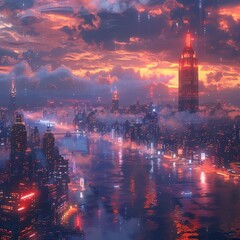 Fototapeta premium Vibrant Futuristic Metropolis Skyline at Twilight with Dramatic Clouds and Reflecting City Lights