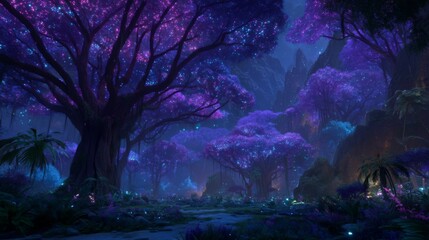 Fototapeta premium Enchanted Forest with Luminous Purple Trees and Ethereal Glow in a Mystical Night Setting