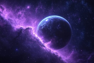 Obraz premium Celestial Dance: A Distant Planet Enshrouded in Cosmic Dust and Nebular Light, Illuminated by a Myriad of Stars in the Vast Expanse of the Universe