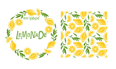 Lemonade label and packing paper. Lemon Round border, Sliced lemons, twigs, leaves and inscription. Summer poster, banner, invitation, packaging, branding. Vector Illustration for Summer lemonade