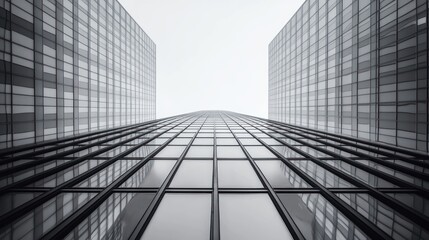 Fototapeta premium Two tall, modern skyscrapers with reflective glass windows, standing side by side against a grey sky.