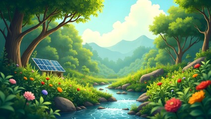 Obraz premium Cartoon landscape featuring solar panels by a river in a lush, green valley with mountains and vibrant flora.