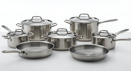 Five Brushed Stainless Steel Cookware Pieces with Lids on White Background Featuring Stockpot Saucepans and a Frying Pan Arranged Neatly Under Studio Lighting