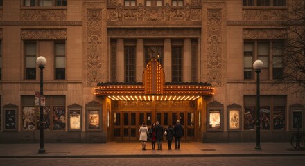 Elegant Vintage Movie Theater Exterior at Dusk with People Waiting