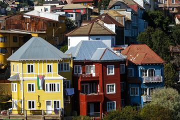 Colorful Hillside Houses in Valparaiso, Chile , Vibrant Urban Landscape, Colonial Architecture,...
