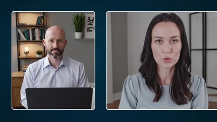 Two professionals engage in a remote meeting from their respective locations, discussing important topics in a focused manner