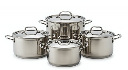 Four Shiny Stainless Steel Stockpots with Lids in a Row Isolated on White Backdrop Perfect for Culinary Themed Projects with Studio Lighting