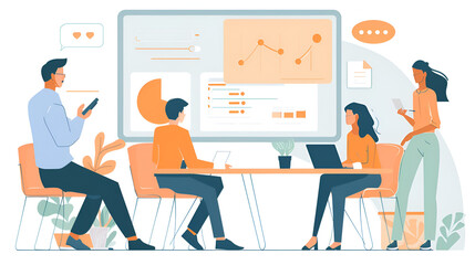 Business team meeting with data charts and graphs displayed on a large screen in an office setting