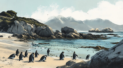 Fototapeta premium A group of African penguins waddling off to the waters of Boulders Beach (3)