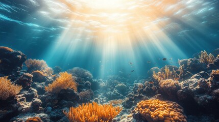 Obraz premium Underwater coral reef bathed in sunlight