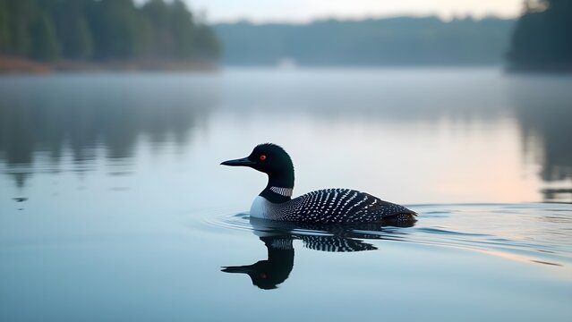 Common Loon on a Misty Lake at Dawn: Serene Wildlife Scene