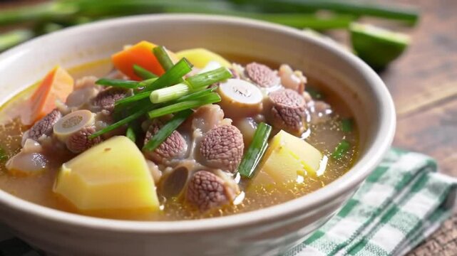 Delicious Oxtail Soup with Carrot Potatoes and Green Onions Displayed on White Bowl and Checkered Green Cloth in Top Down View