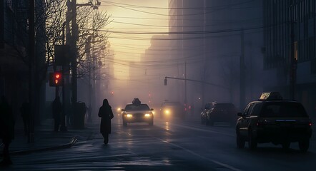 Moody city dawn with silhouettes and fog.