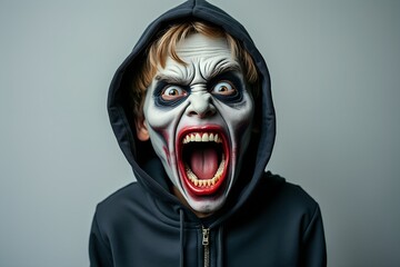 Child wearing horror mask shouting against a neutral background  