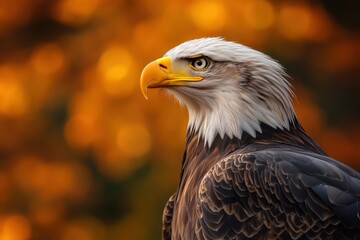 Obraz premium Majestic eagle perched against a backdrop of blurred autumn colors, Closeup of majestic eagle against blurred autumnal background