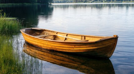 Obraz premium A small wooden boat drifting peacefully on a still lake