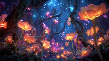 Enchanted forest with glowing flowers and mystical lighting in a magical dreamlike atmosphere