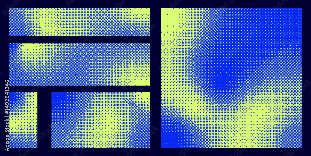 Poster Blue green pixelated bitmap texture background set. Retro pixel art, glitch dither pattern, 8 bit background. Leisure or arcade games duotone border frame. Vector illustration