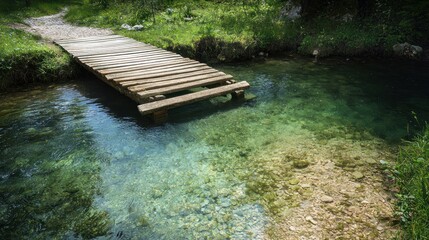 A small wooden bridge crossing a crystal-clear stream in the countryside