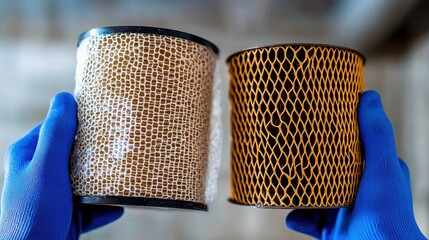 Basement ventilation solution filter replacement featuring soiled white mesh versus clean copper element demonstrating proper air quality management
