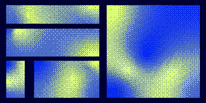 Blue green pixelated bitmap texture background set. Retro pixel art, glitch dither pattern, 8 bit background. Leisure or arcade games duotone border frame. Vector illustration