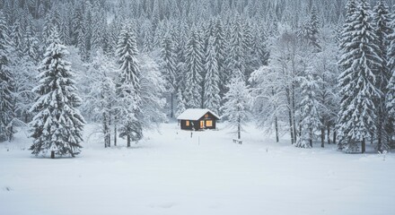 Secluded Winter Cabin in Snow Covered Forest Illuminated Windows Peaceful Snowy Landscape