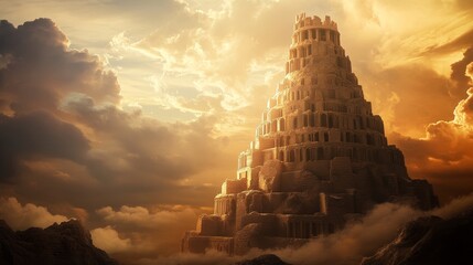 Dramatic depiction of tower of babel, symbolizing human ambition and language origins from genesis