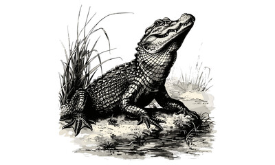 Vintage Alligator in Swamp, Hand-drawn Reptile Line Art, Monochrome Engraving, Rustic Wildlife Illustration, Southern Fauna, Nature Drawing, Retro Animal Etching Wall Art