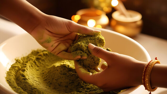 Special herbal bath with ubtan or Utne, a mix herbal powder to have bath and scrub on the occasion of Diwali, selective focus