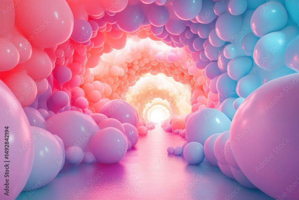 Poster vibrant pastel glow tunnel with colorful blobs illuminating a dreamy pathway, 3d pastel glow tunnel 