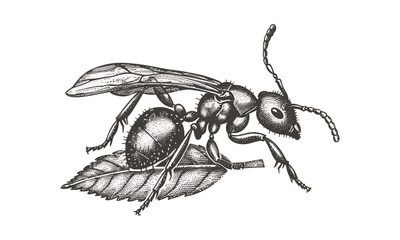 Vintage Hand-drawn Insect Illustration, Antique Engraving of Ant Carrying Leaf, Retro Wildlife Line Art, Monochrome Nature Sketch, Rustic Black Sketch, Retro Animal Art