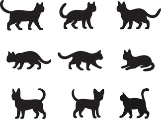 nine black cat silhouettes: standing, walking, stretching, lying. simple vector set for graphic design and illustration.