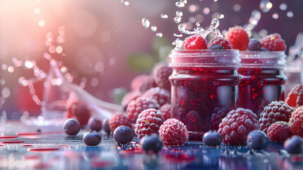 A vibrant collection of a jar of strawberry jam, styled with fresh strawberries and frozen berries spilling into a splash of water. Isolated on a clean white background.