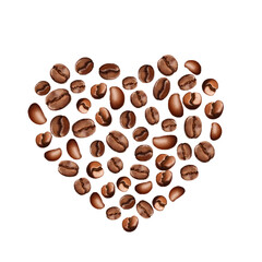 Realistic roasted coffee beans heart. Love espresso or cappuccino heart shape on white background. Coffee grains arabica design for cafe or package
