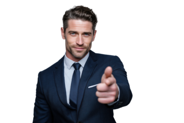 Businessman in suit making confident gestures PNG with a transparent background

