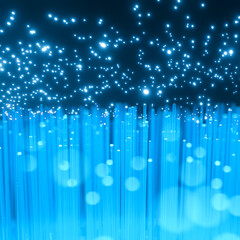 Abstract background with blurred blue lights and fiber optic cables. 3D rendered illustration