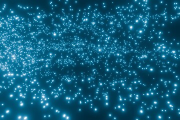 Light blue bokeh particles glitter abstract background. Futuristic glittering in space on black background