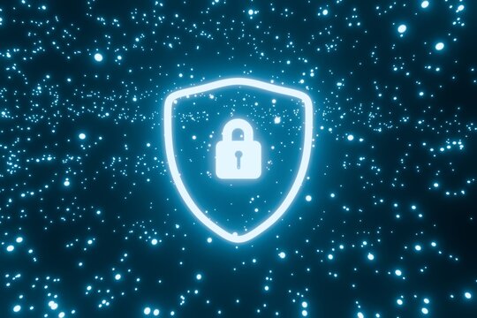 Glowing shield emblem against a dark, bokeh background Intricate details suggest digital security or protection. 3D rendered illustration